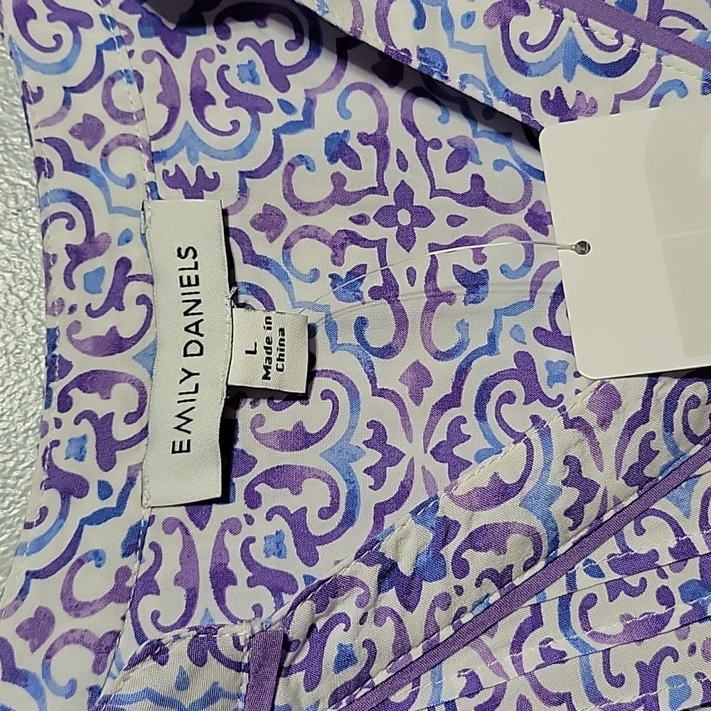 Emily Daniels Purple Patterned blouse - Sz L - Coastal Grandma, Pleated, Layered - Picture 6 of 8